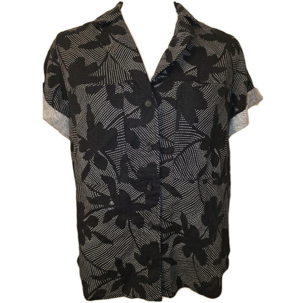 NWT S Women's Black Tropical Linen Blend Short Sleeve Top Beach MSRP $20